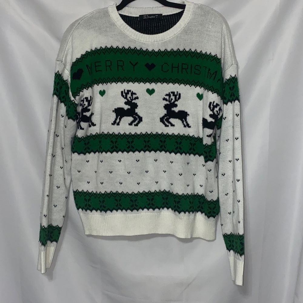 Simple Size Large Merry Christmas Sweater Black  Reindeer and White Knit Sweater